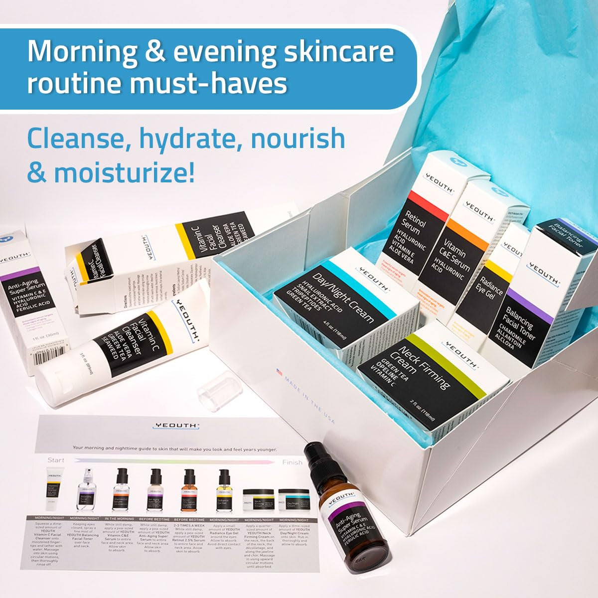 8-Piece Skin Care Set: Retinol, Vitamin C Serums, Cleanser, Toner- Perfect Self-Care Gift for Women & Men