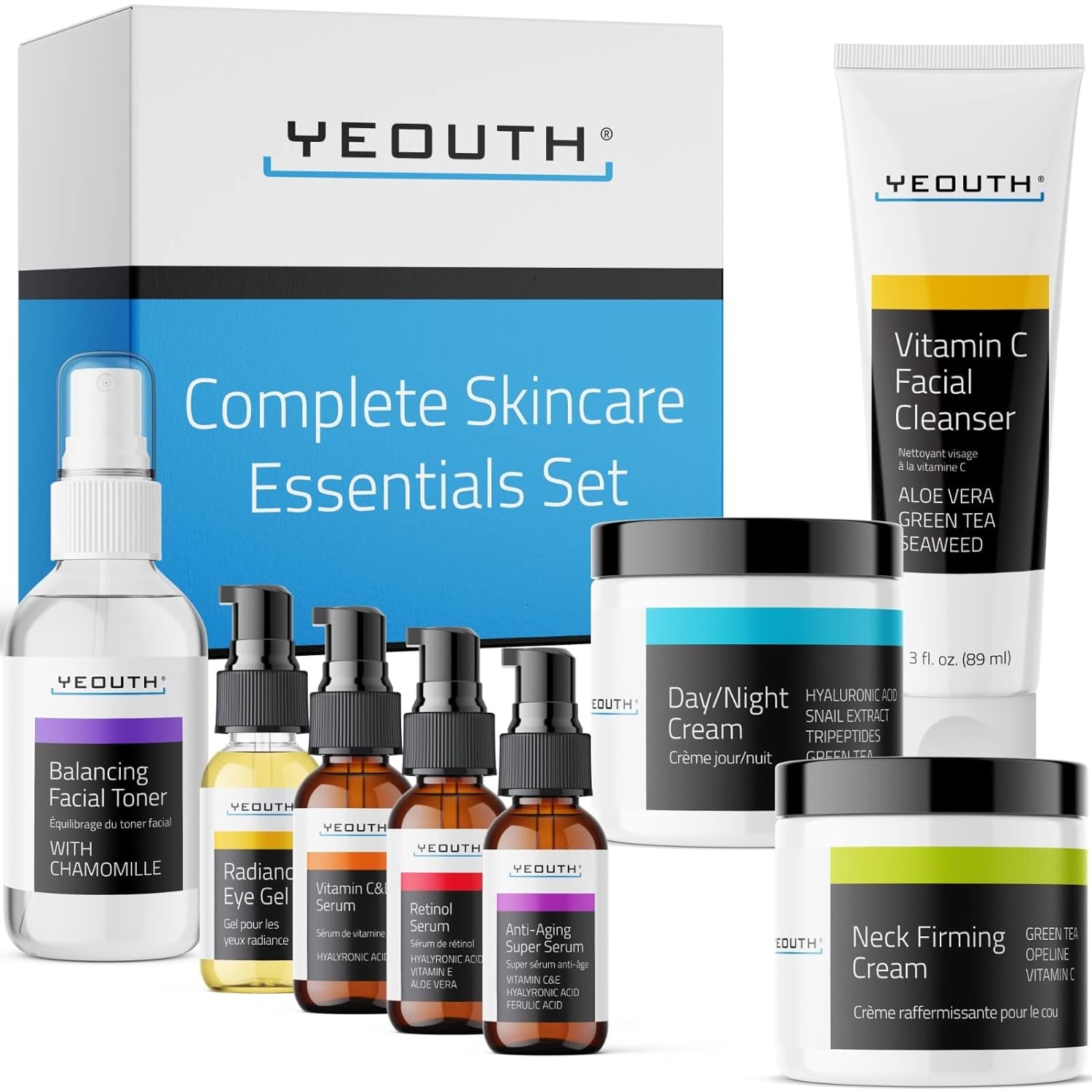 8-Piece Skin Care Set: Retinol, Vitamin C Serums, Cleanser, Toner- Perfect Self-Care Gift for Women & Men