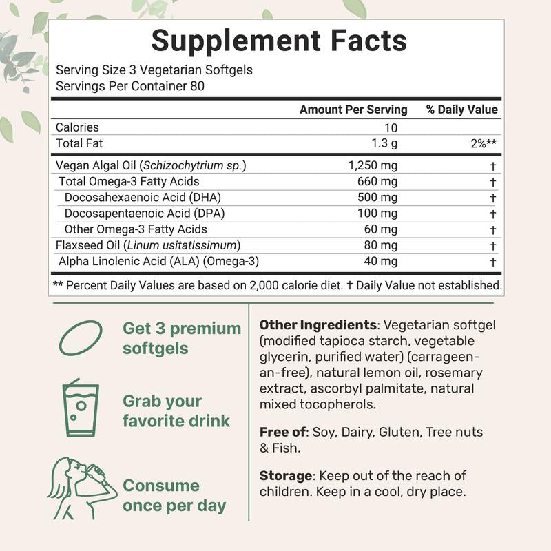 Micro Ingredients Vegan Omega 3 Algae Oil Supplement 1,250 Mg per Serving