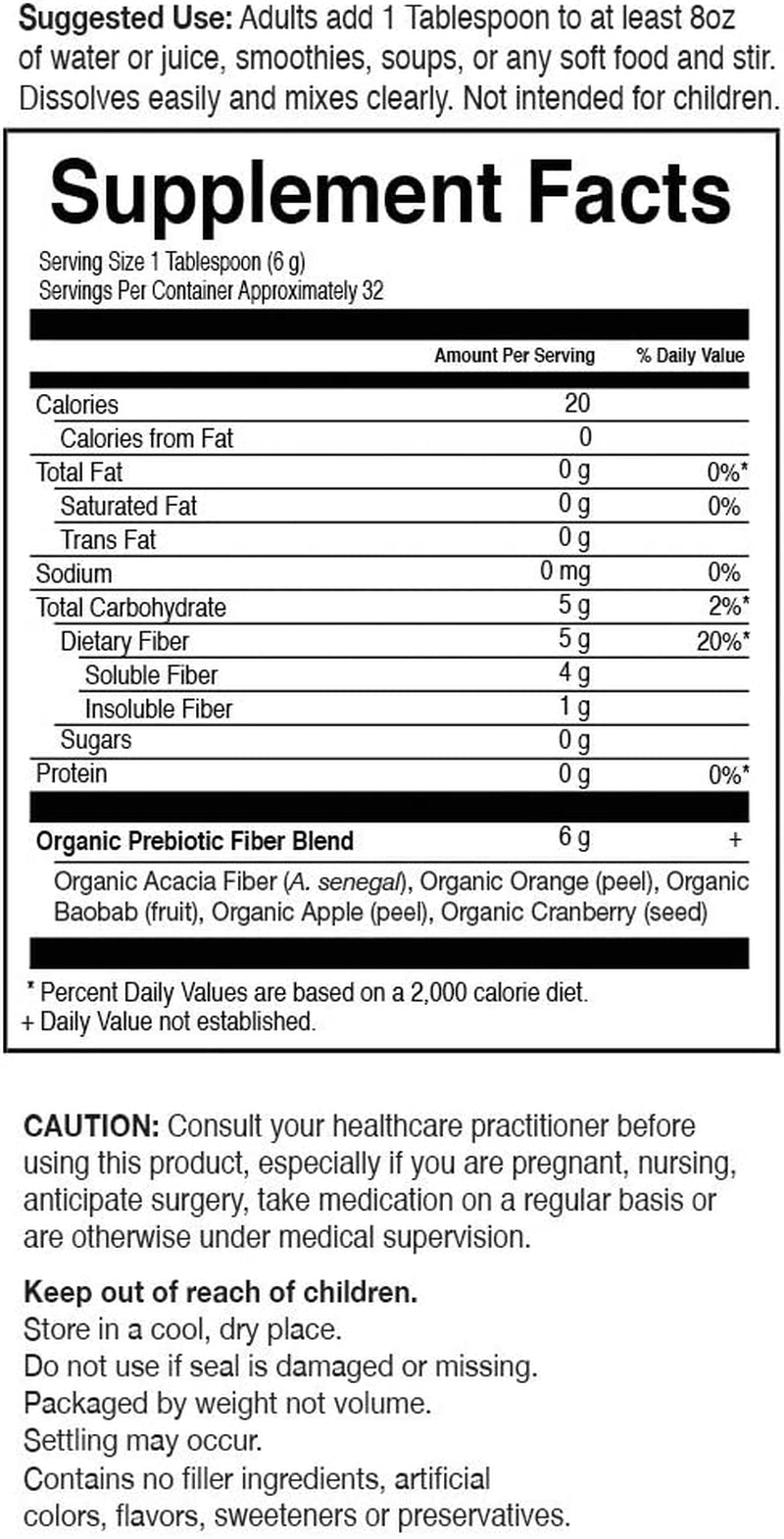 Dr Formulated Organic Fiber Supplement Powder Unflavored, Sugar Free, Psyllium Free Prebiotic Superfoods, Constipation Relief and Hunger Control for Men and Women, 32 Servings